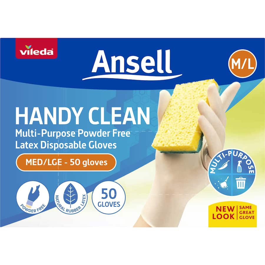 Vileda Ansell Handy Clean Latex Gloves M/l 50pack
