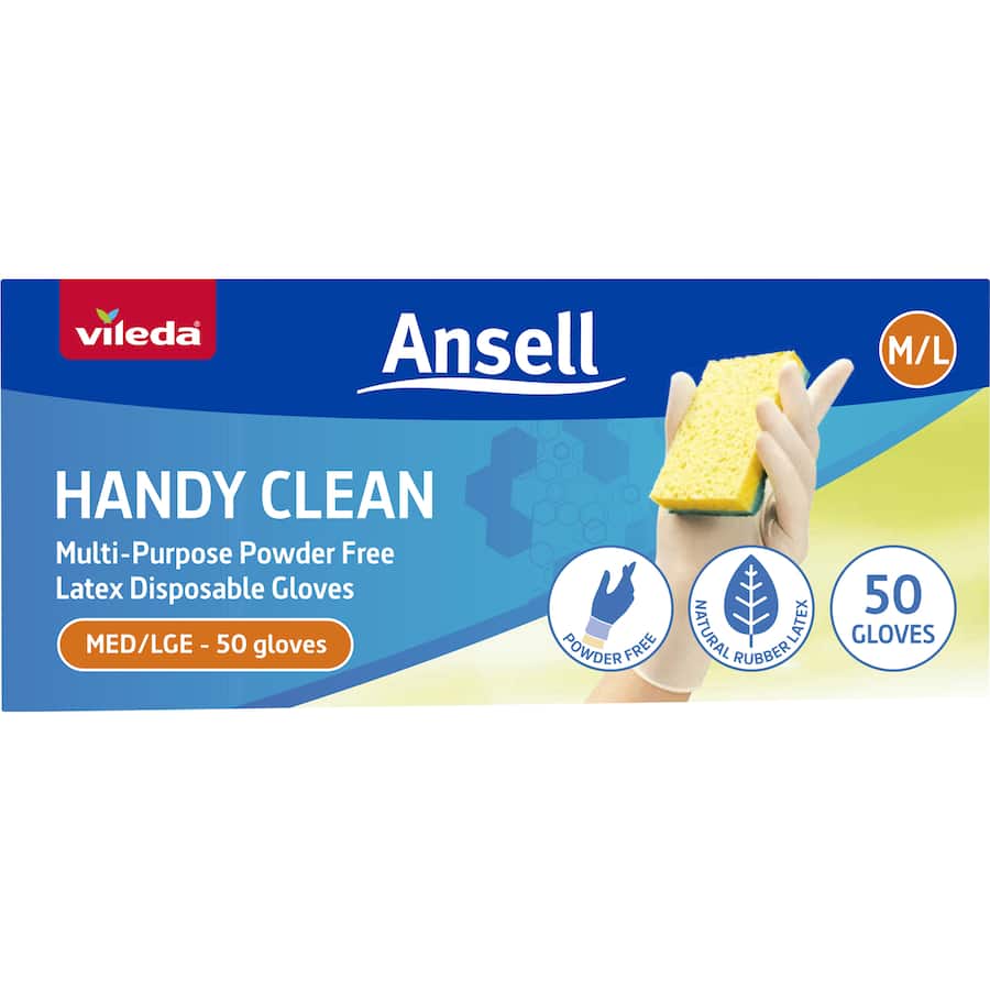 Vileda Ansell Handy Clean Latex Gloves M/l 50pack
