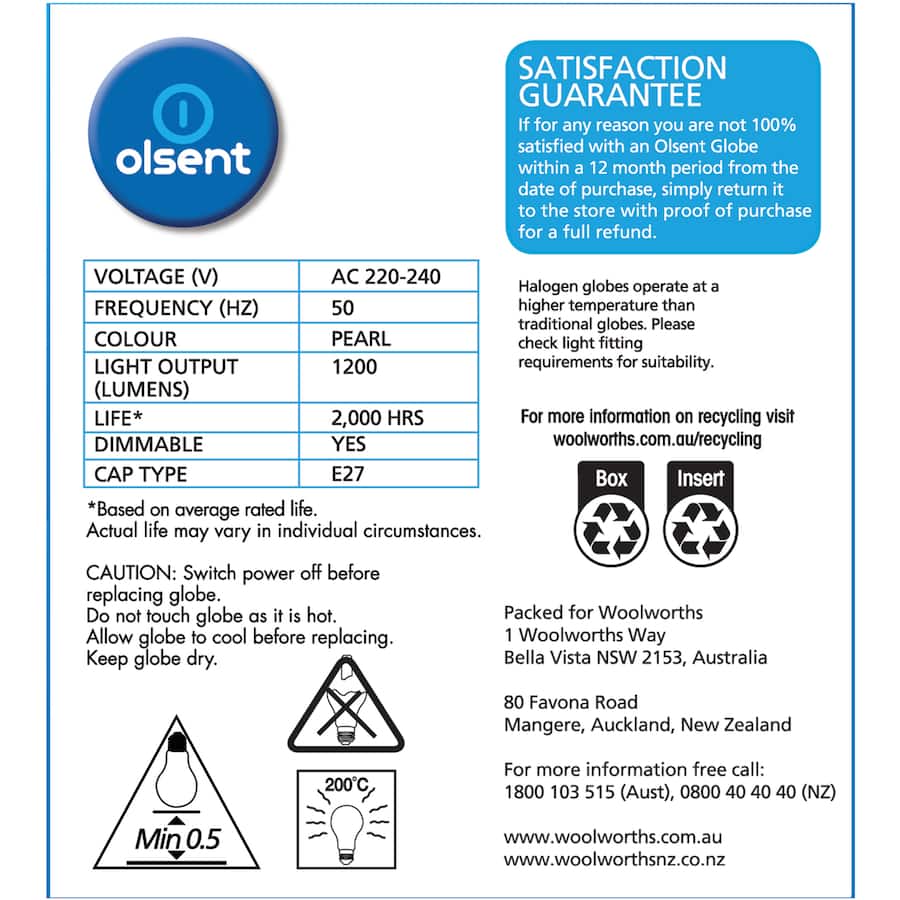 Olsent Halogen Round Bulb Screw 72w Pearl 2pack
