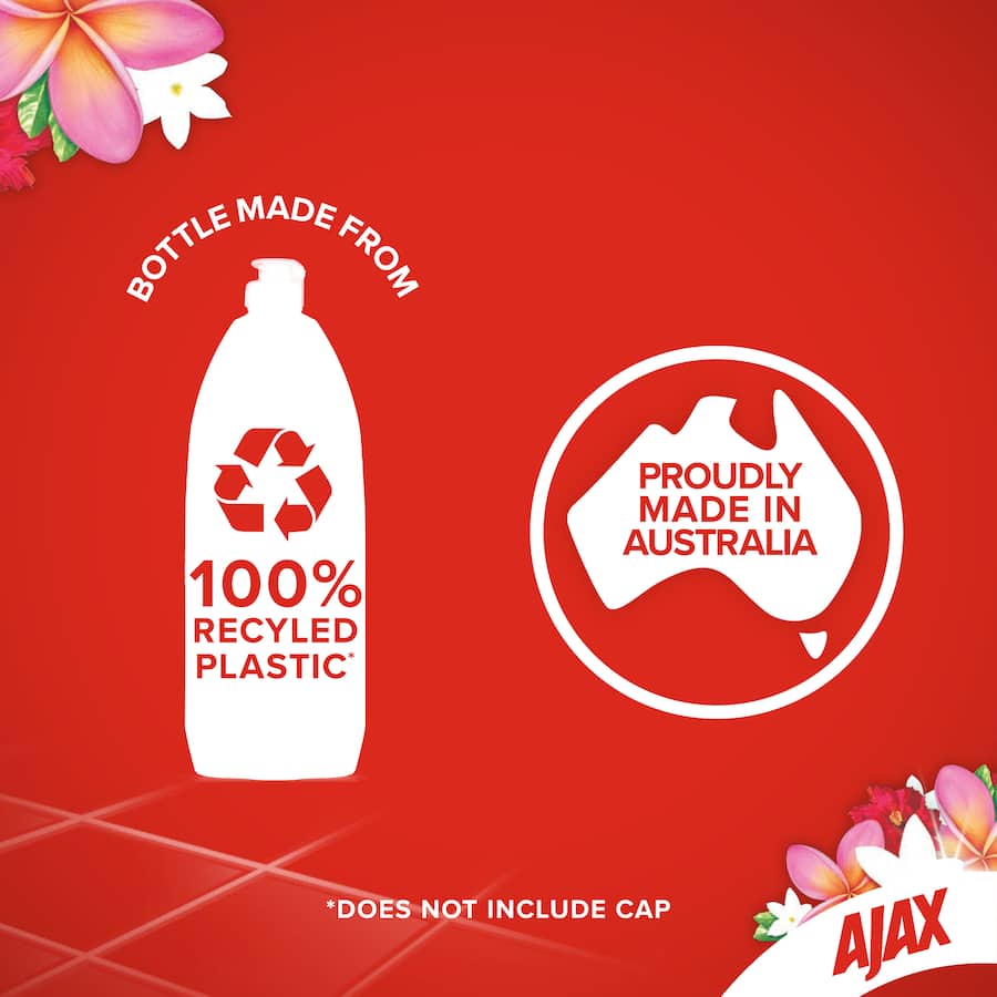 Ajax Floor Cleaner Divine Blends bottle with tropical breeze scent, designed for all hard floor surfaces, tackling dirt and grease.
