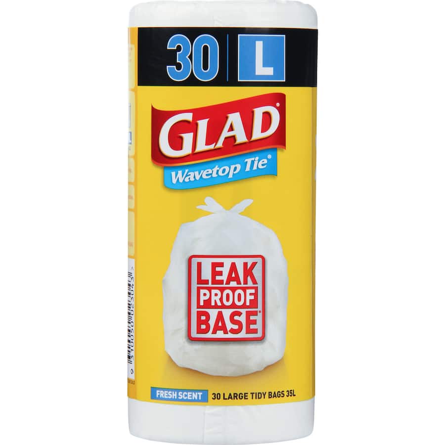 Large scented Glad bin liners with 4-way tie system and wave design for easy closure and carrying, perfect for 35L bins.