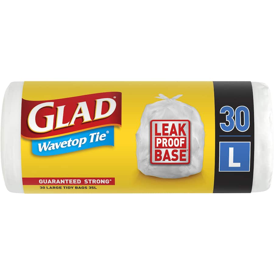 Glad Bin Liners Wavetop Tie Large Scented bags with 4-way ties, odor-neutralizing scent, designed for 35L bins.