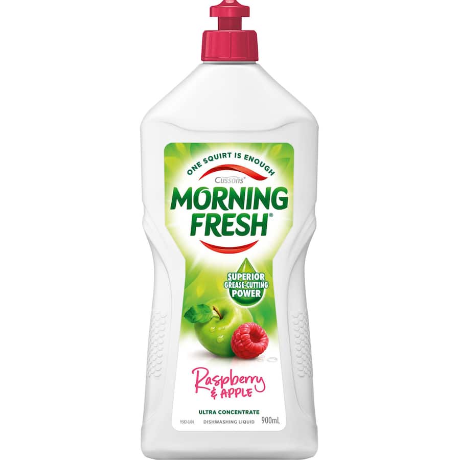Morning Fresh Dishwash Liquid in Raspberry & Crisp Apple, a powerful grease-cutting cleaner in a recyclable bottle.