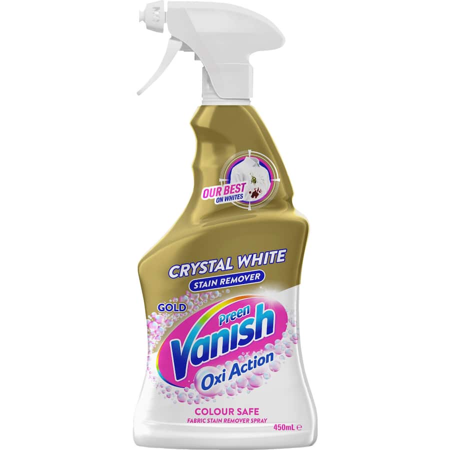 Vanish Preen Gold Spray for white fabrics effectively removes tough stains like dirt, sweat, and grease with a convenient spray format.