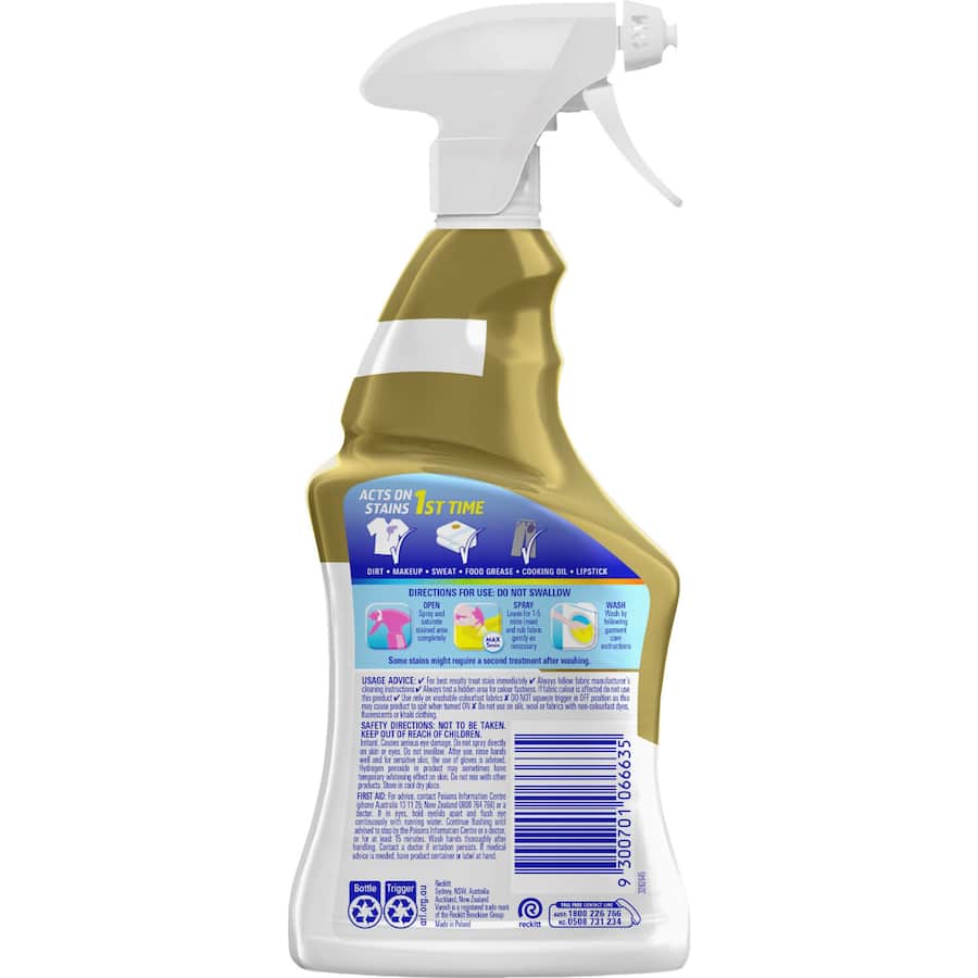 Vanish Preen Gold Oxi Action Spray designed for quick stain removal on white fabrics like shirts, towels, and sheets.