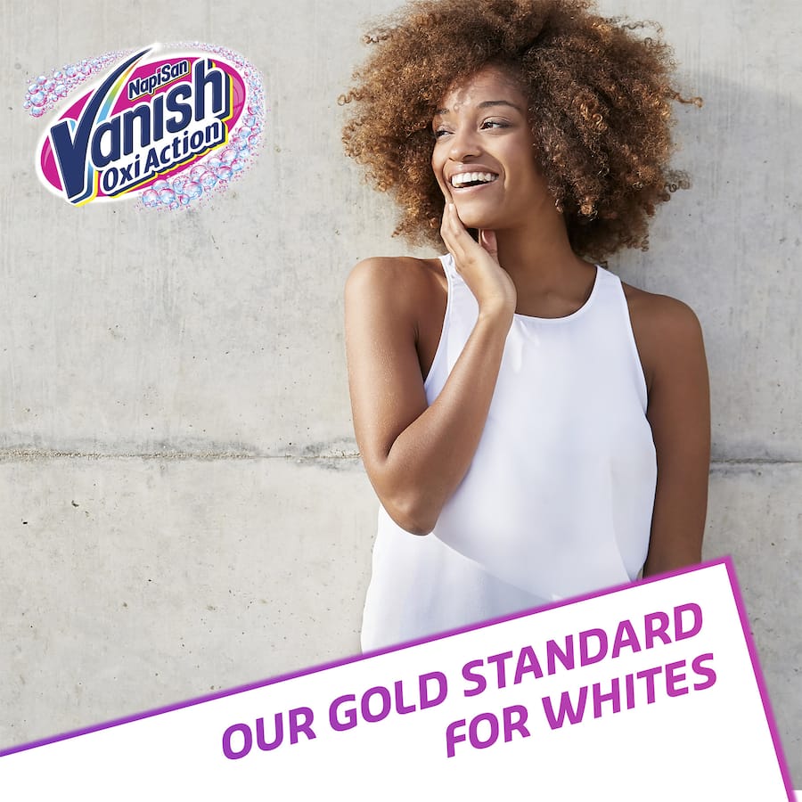 Vanish Preen Gold Oxi Action Spray for white fabrics, quickly removes tough stains like dirt, sweat, and grease effortlessly.