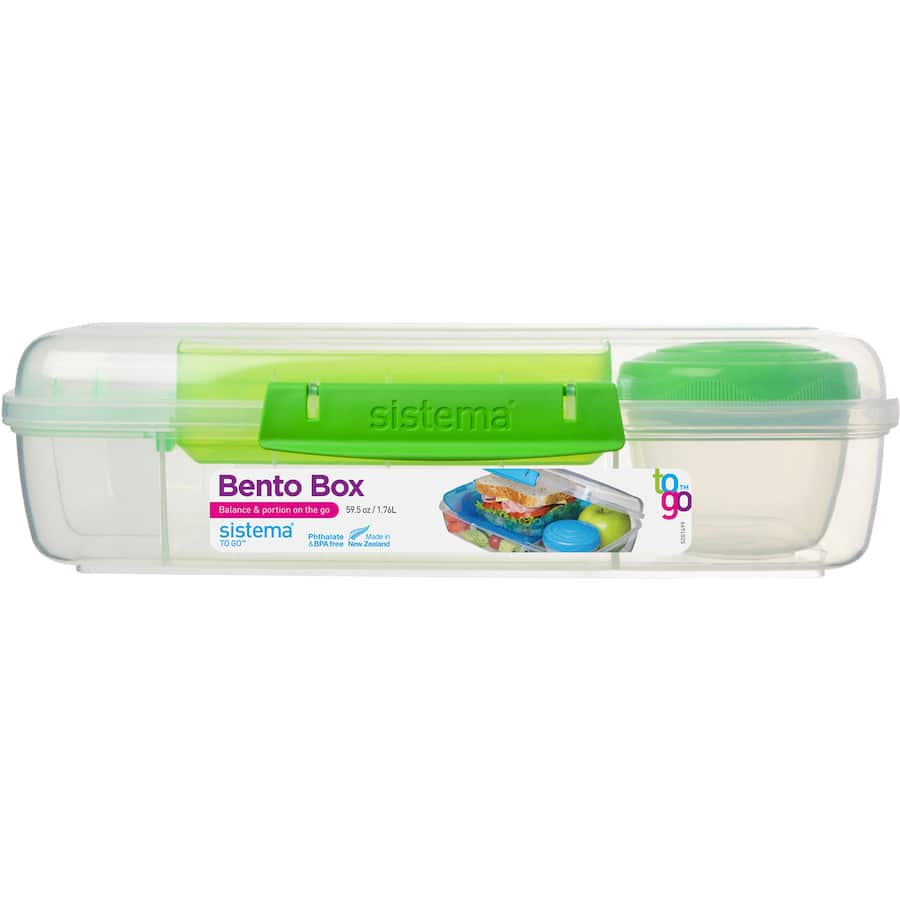 Sistema Lunch Box Bento To Go with multiple removable compartments, yogurt pot, easy-locking clip, and stackable design for on-the-go meals.