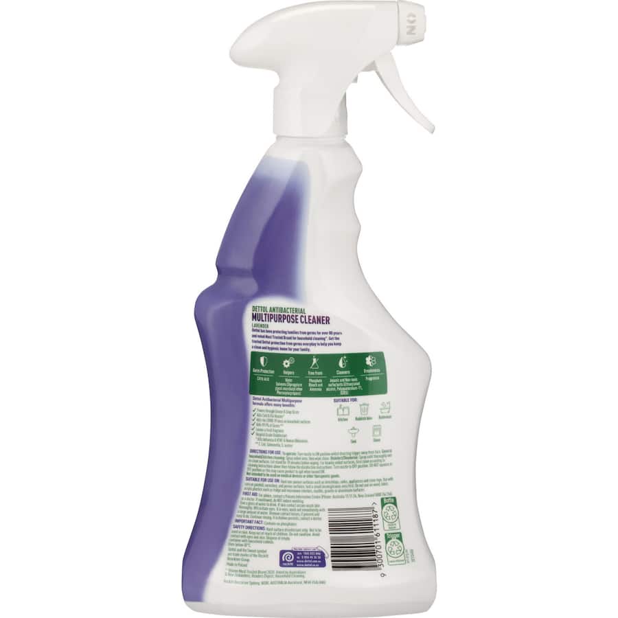 Dettol Healthy Clean Spray with fresh lavender scent for powerful cleaning and 99.9% germ kill in kitchens and bathrooms.