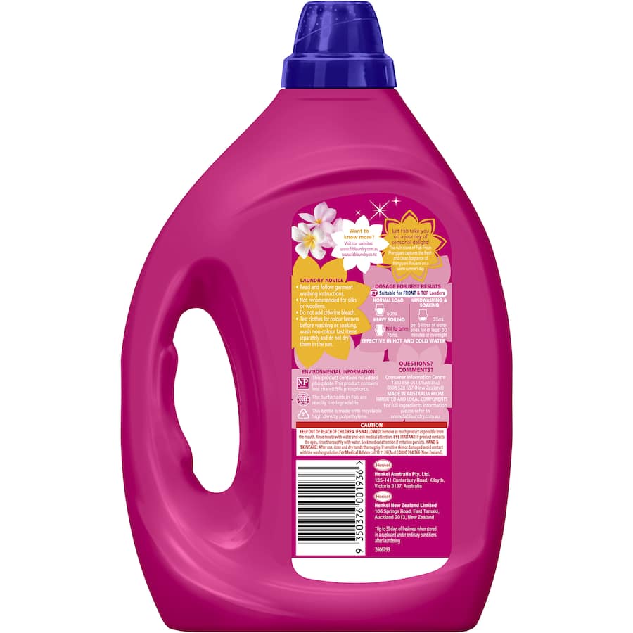 Fab Laundry Detergent Liquid Fresh Frangipani, featuring a captivating frangipani scent for clean, fresh laundry in any machine.