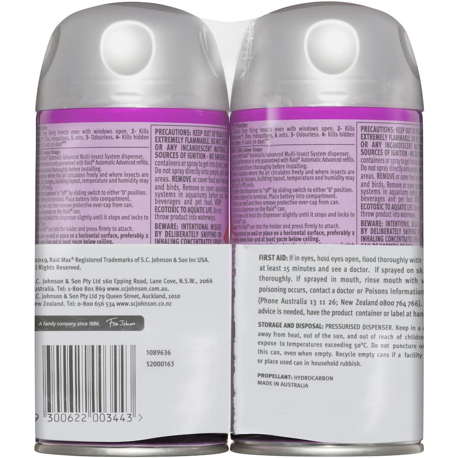 Raid Max Automatic Spray System Refill Multi, 5-in-1 pest control solution for continuous protection against insects, odourless formula.
