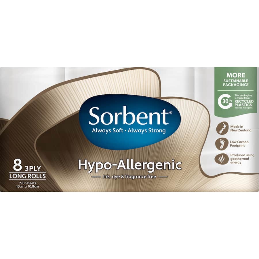 Sorbent Toilet Paper 8pk features eco-friendly, hypoallergenic, 3-ply long rolls with 270 soft and strong sheets for sensitive skin.