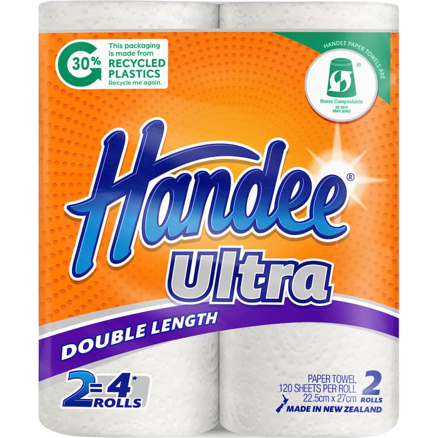 Handee Paper Towels Double Roll: eco-friendly, ultra-strong, 120 sheets, biodegradable, perfect for quick cleanups and spills.
