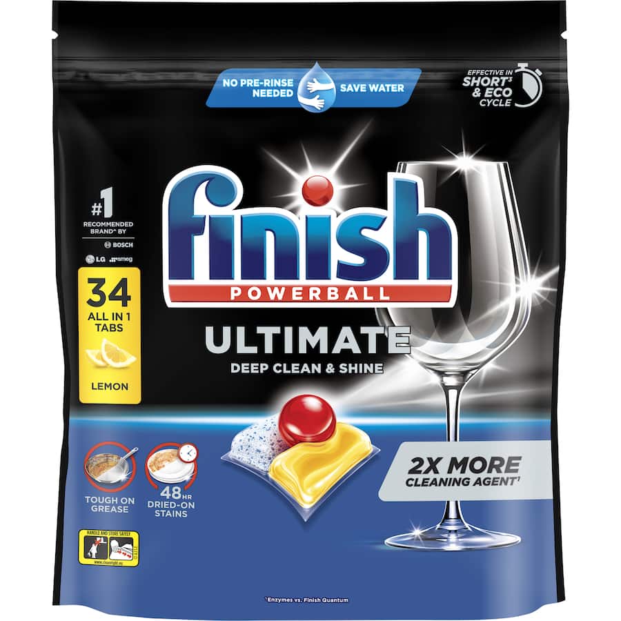 Finish Dishwasher Tablets Ultimate Pro in Lemon Sparkle, delivering powerful cleaning and fresh aroma for spotless dishes.