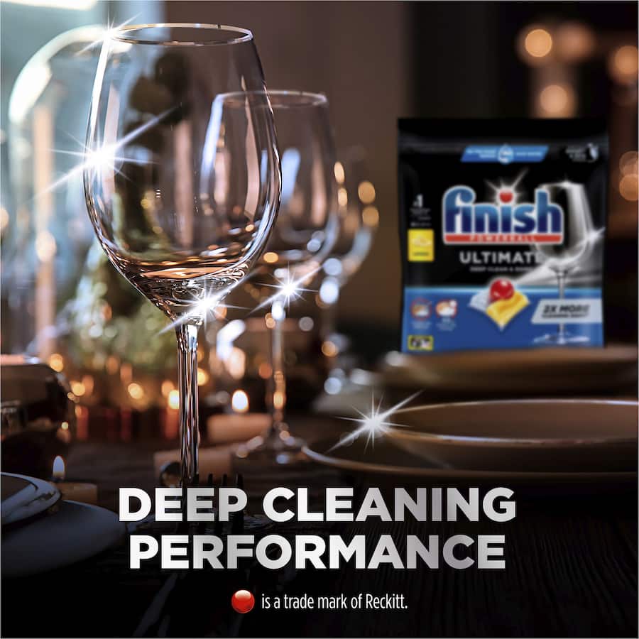 Finish Dishwasher Tablets Ultimate Pro in Lemon Sparkle, designed for powerful cleaning and a fresh aroma with 2x more enzymes.