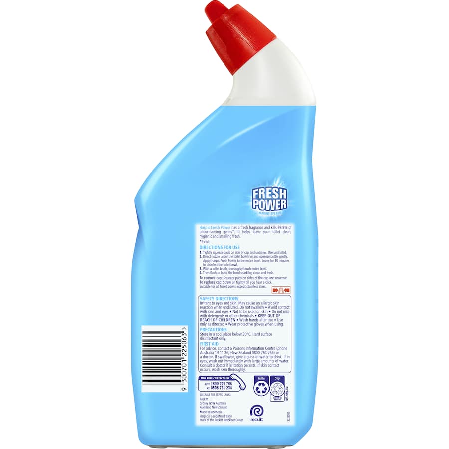Harpic Fresh Power Toilet Cleaner in Marine Splash scent, effectively cleans and disinfects while leaving a fresh fragrance.