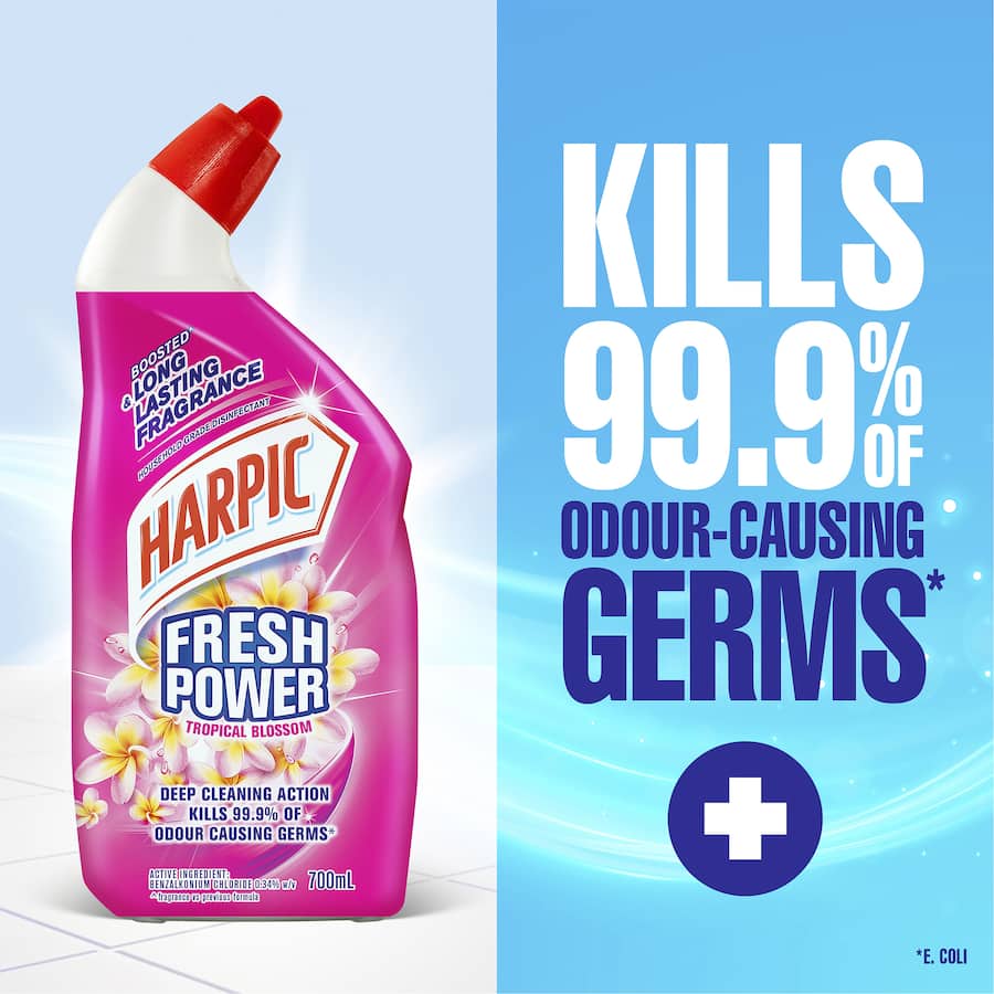 Harpic Fresh Power Toilet Cleaner Tropical Blossom bottle, 700ml, hygienically eliminates bacteria with a floral scent.
