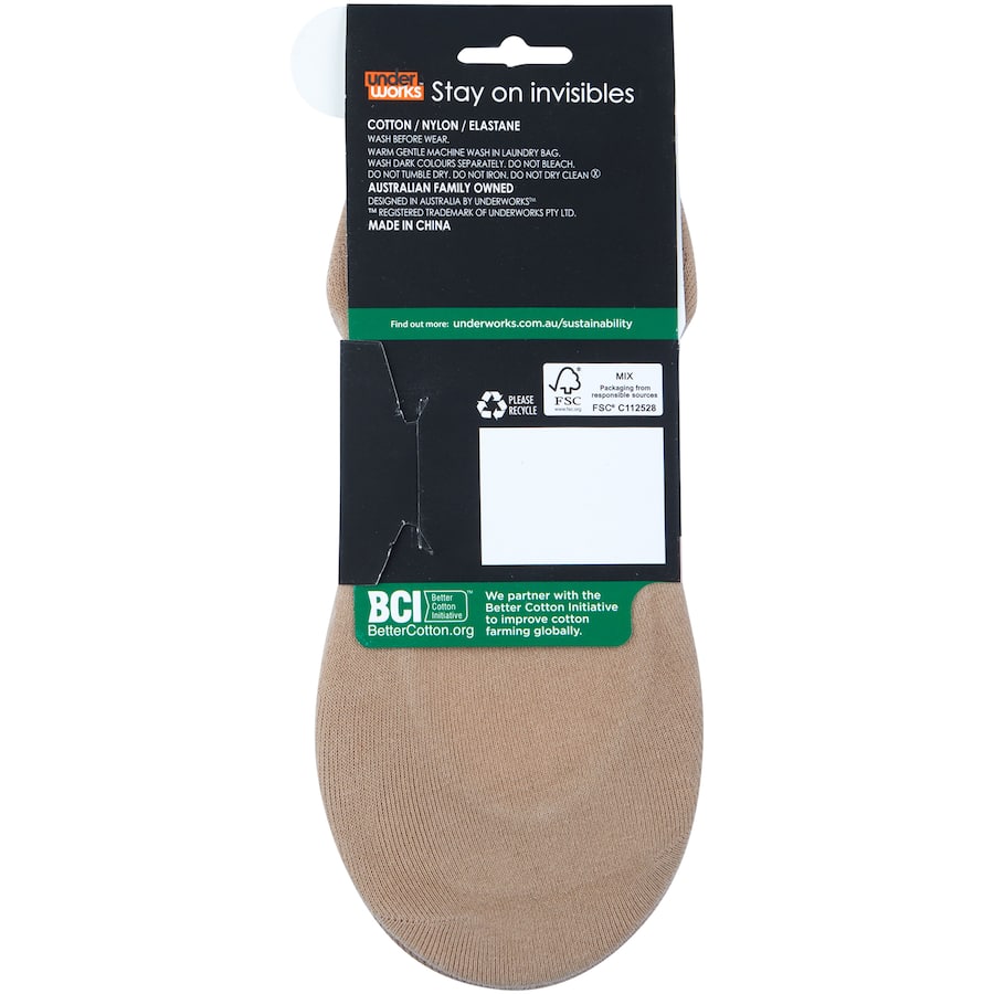 Uw Ladies Invisible Footlets in skin color, size 9-11, featuring a soft cotton blend and enhanced heel grip.