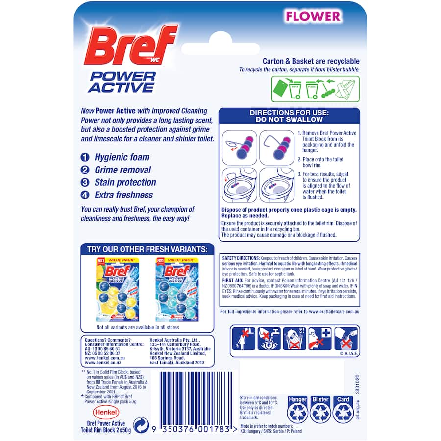 Bref Power Active Toilet Cleaner Block Flower, a fresh-scented cleaner that prevents limescale and eliminates odors effectively.