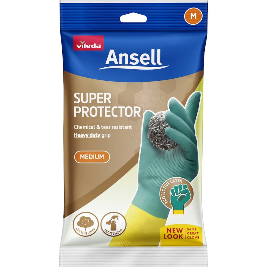 Ansell Supergloves Gloves Cotton Medium: durable, cotton-lined gloves ensuring comfort and protection for heavy-duty cleaning tasks.