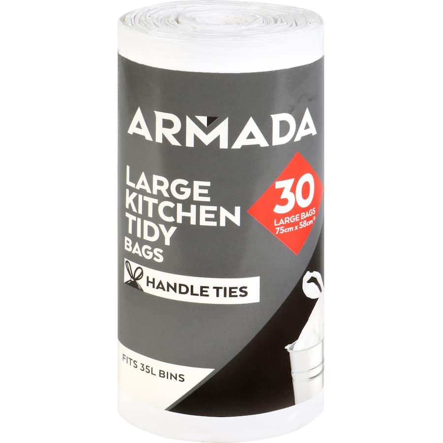 Armada Kitchen Tidy Bags Large: sturdy, scented bags with handles for easy waste disposal and organization, 30-pack roll.