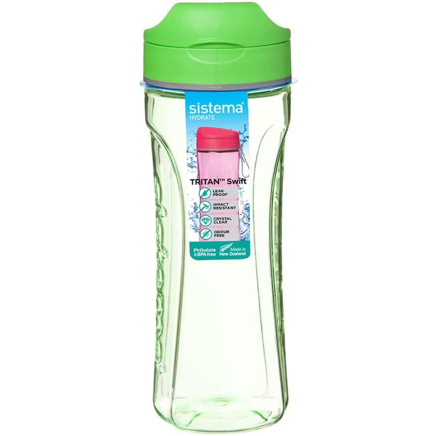 Sistema Drink Bottle Tritan Swift features a Twist 'N' Sip lid for hygienic drinking, made from durable, BPA-free Tritan plastic.