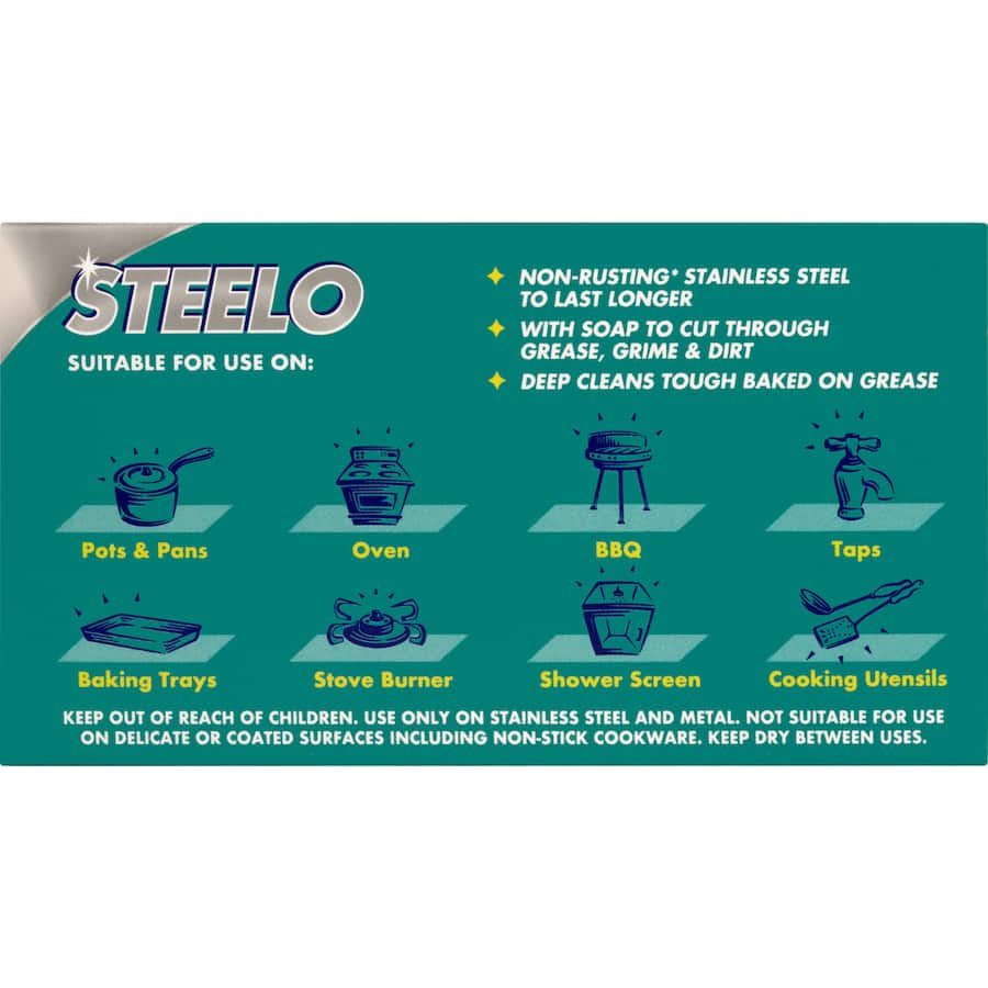 Steelo Stainless Soap Pads: non-rusting stainless steel scourers for heavy-duty cleaning of tough messes and grime.