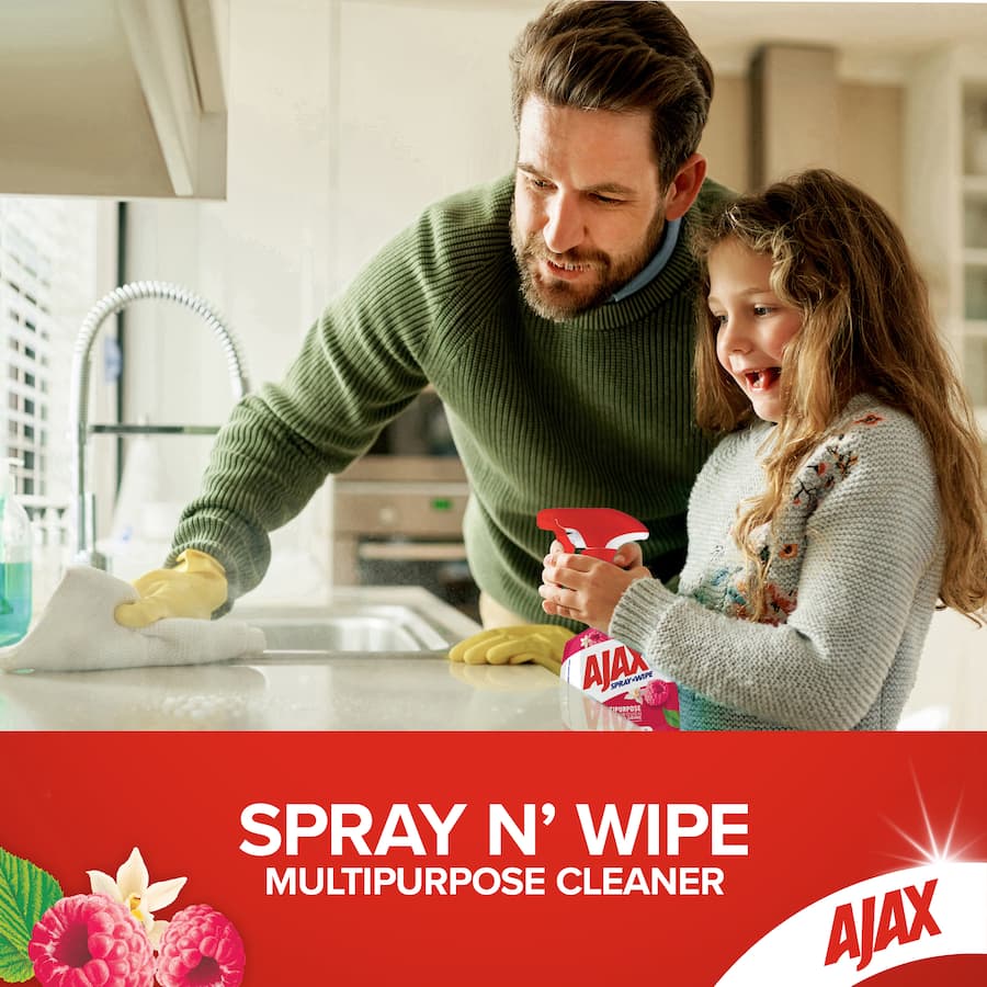 Ajax Spray N Wipe in Vanilla & Berries, eco-friendly cleaner for all surfaces, effectively removes grease with a refreshing scent.