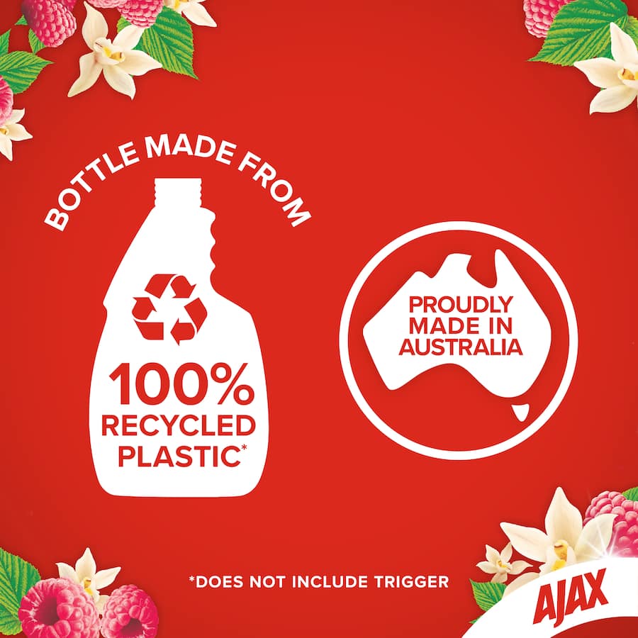 Ajax Spray N Wipe 475mL in Vanilla & Berries scent, an eco-friendly multipurpose cleaner for kitchens and bathrooms.