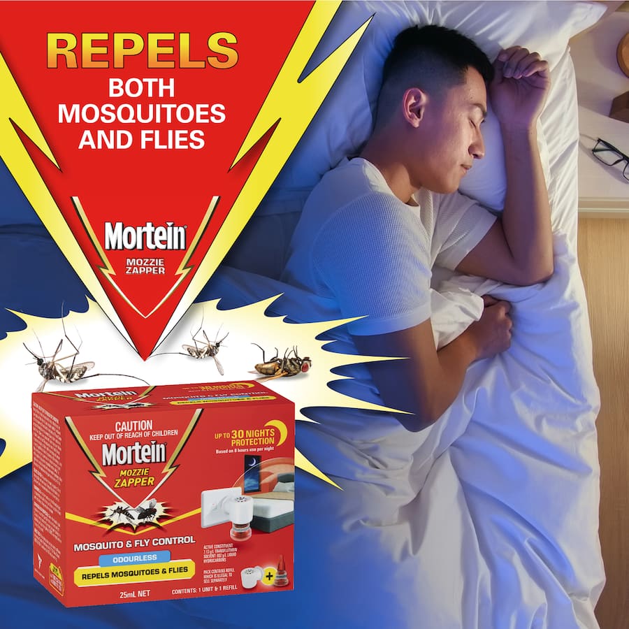 Mortein insect repellent plug-in for mosquitoes and flies, offering 30 nights of odourless protection for peaceful sleep.