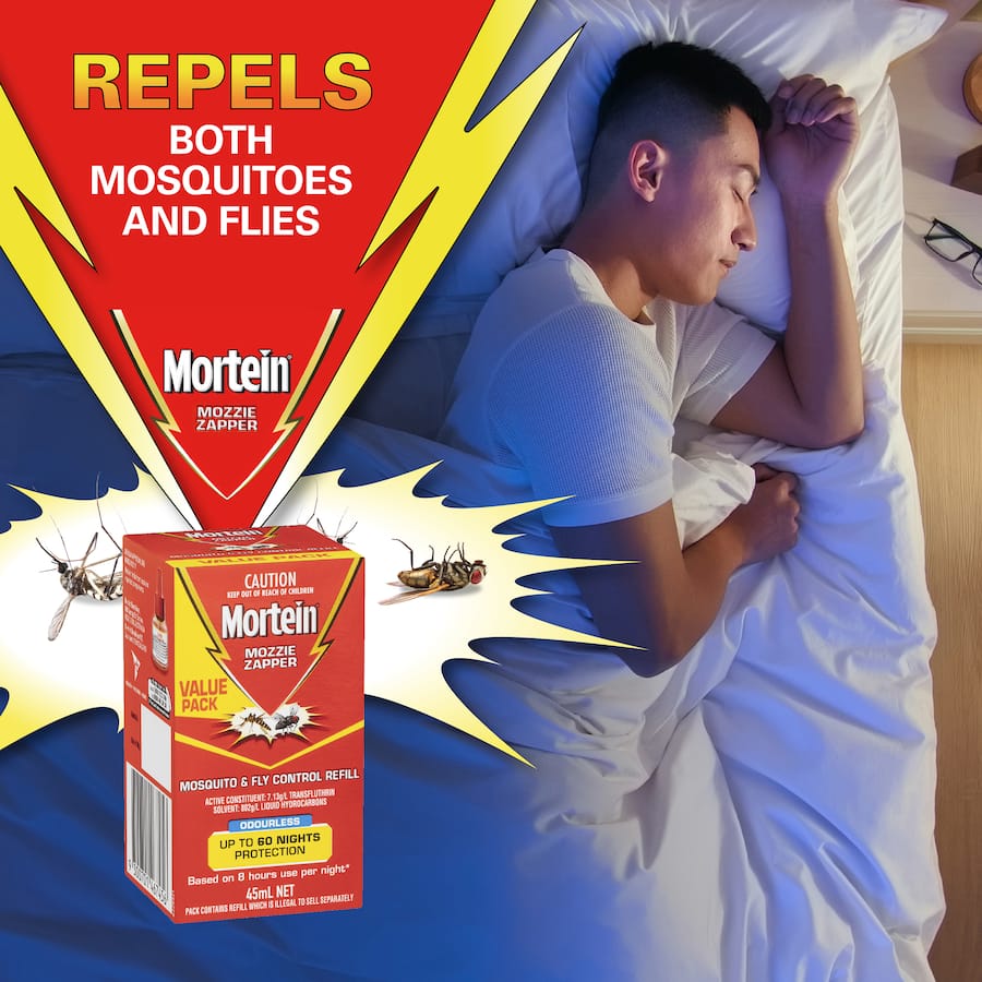 Mortein Peaceful Nights Plug In repellent provides up to 60 nights of odourless protection against mosquitoes and flies.