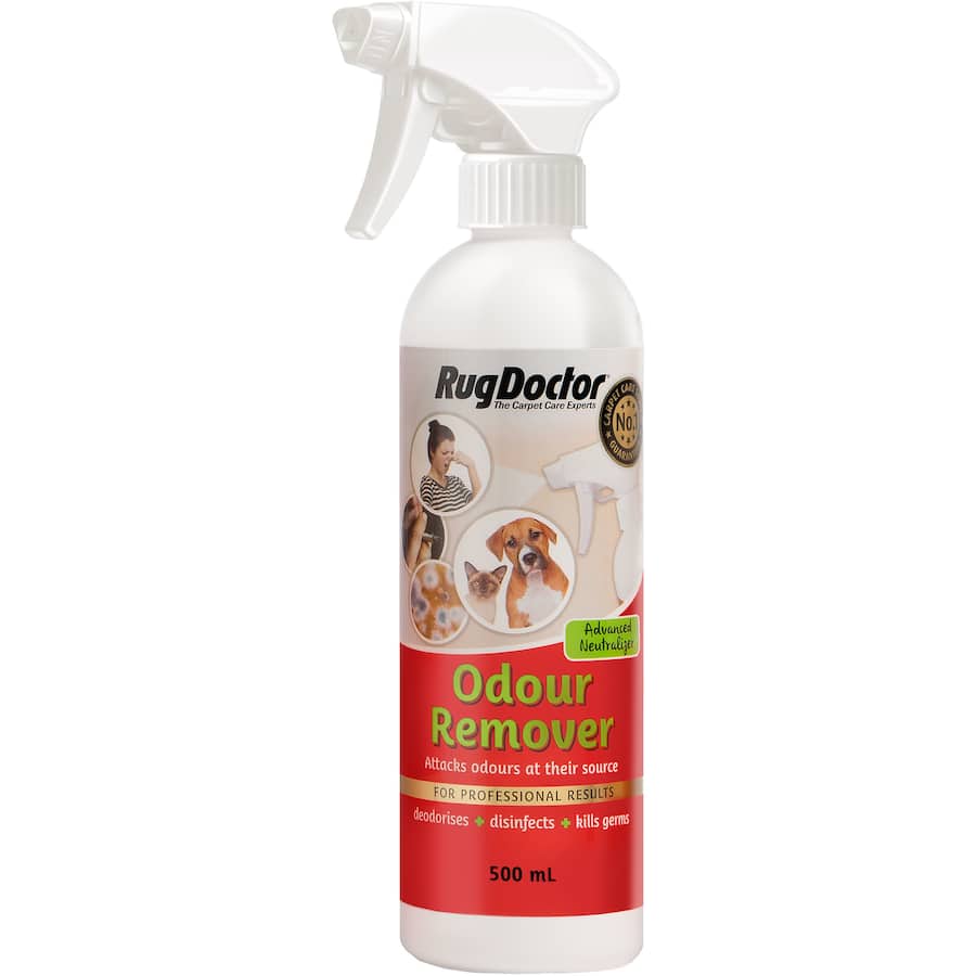 Rug Doctor Carpet Care Odor Remover spray neutralizes stubborn odors from pets and spills, promoting a fresh indoor environment.