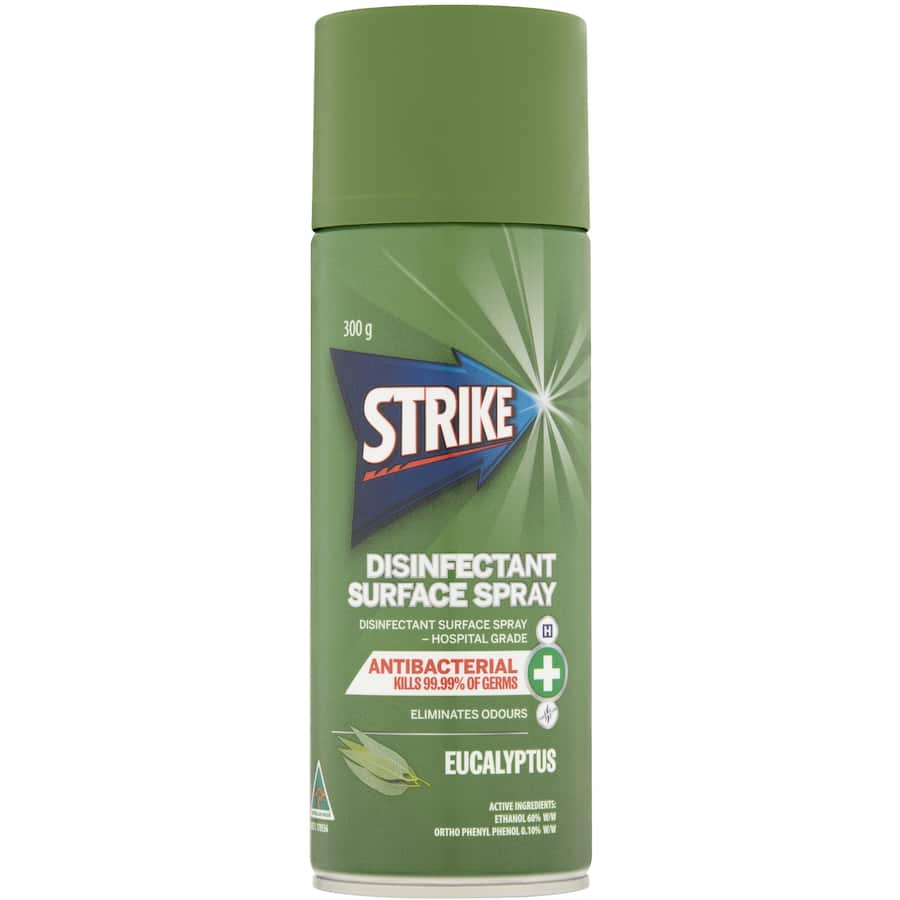 Eco-friendly Strike Disinfectant Spray Eucalyptus for effective cleaning and a refreshing scent, eliminating 99.9% of germs.