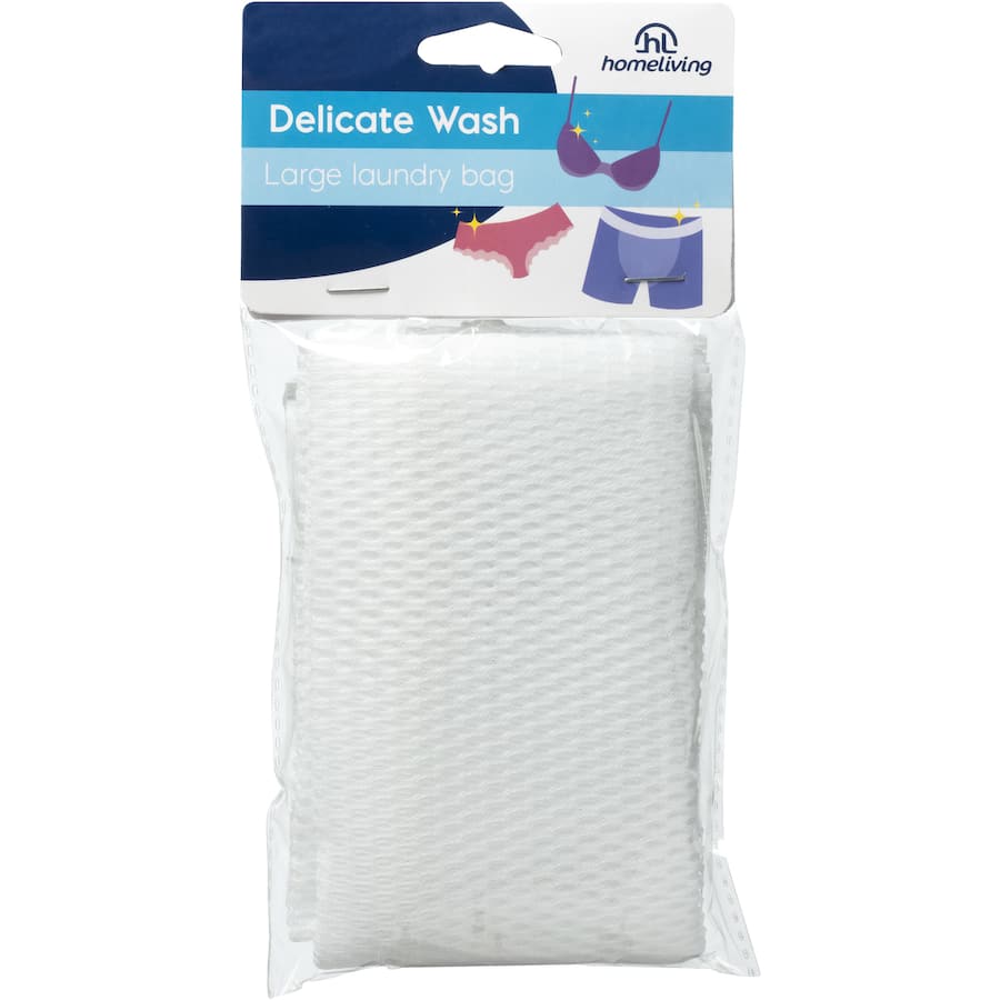 Large nylon washing bag for protecting delicates like lingerie and woolens during machine washes, 51cm x 59cm in size.