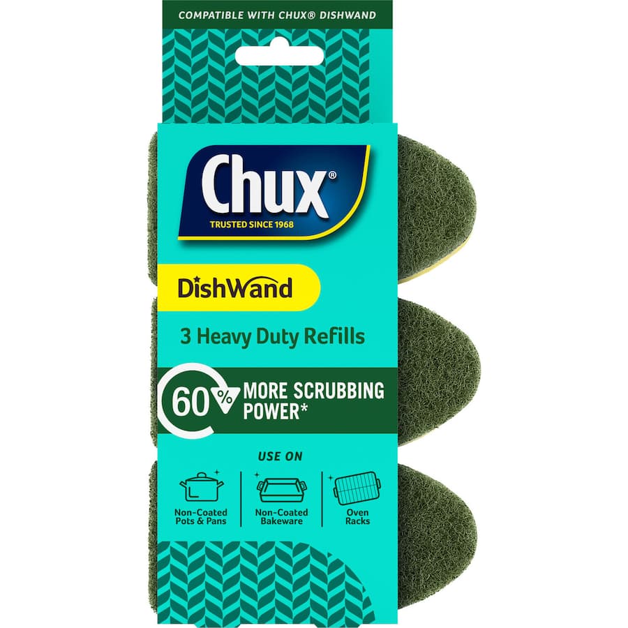 Heavy-duty dish brush wand with ergonomic handle and refillable soap feature for effective cleaning of tough grease and grime.