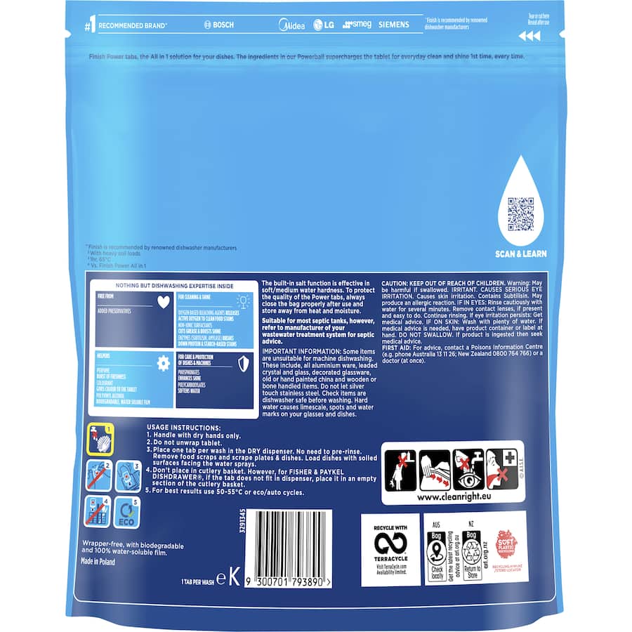 Finish Dishwashing Tablets Power All In One Lemon in eco-friendly packaging, providing powerful cleaning and fresh lemon scent.