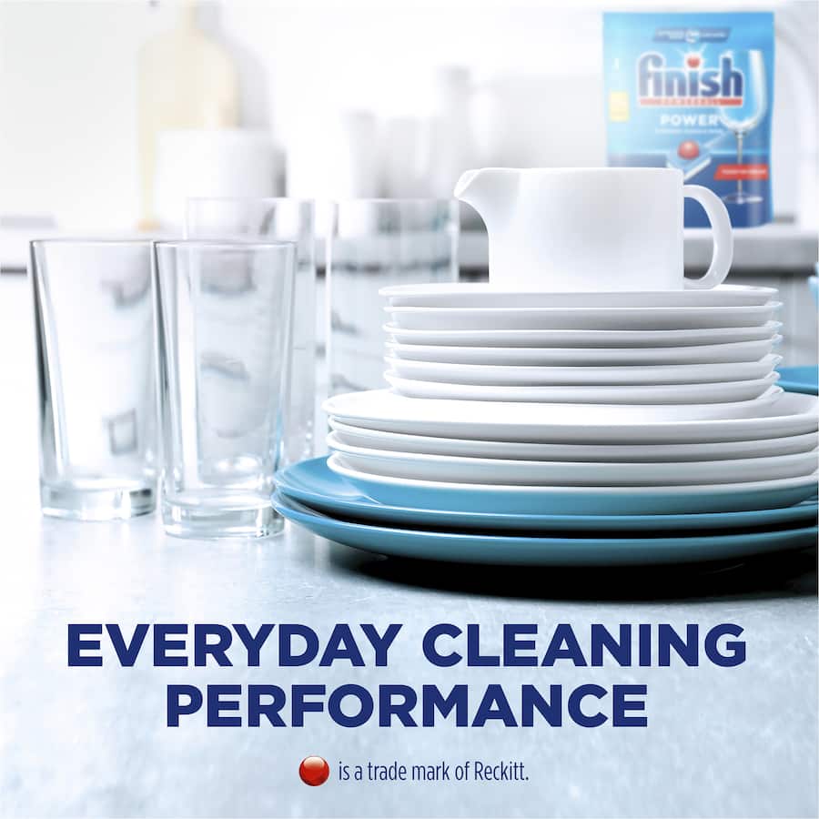 Finish Dishwashing Tablets Power All In One Lemon, featuring powerful stain removal and a fresh lemon scent, for spotless dishes.