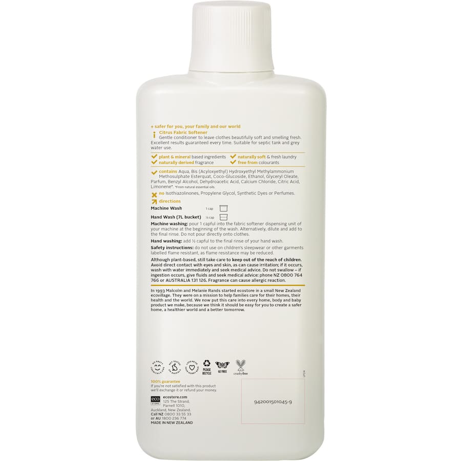 Eco-friendly Ecostore Fabric Softener Citrus softens clothes and adds a refreshing citrus scent, ideal for all fabrics.