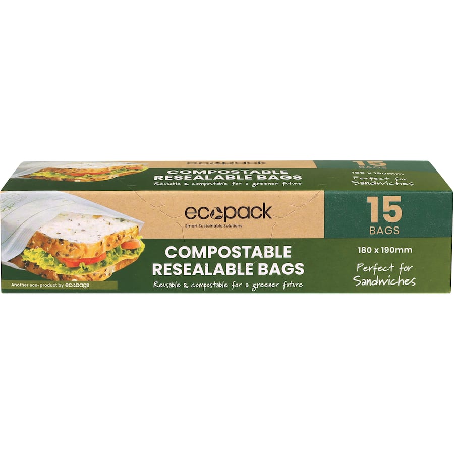 Ecopack compostable resealable sandwich bags, perfect for eco-friendly food storage and composting. Pack of 15, size 180mm x 190mm.