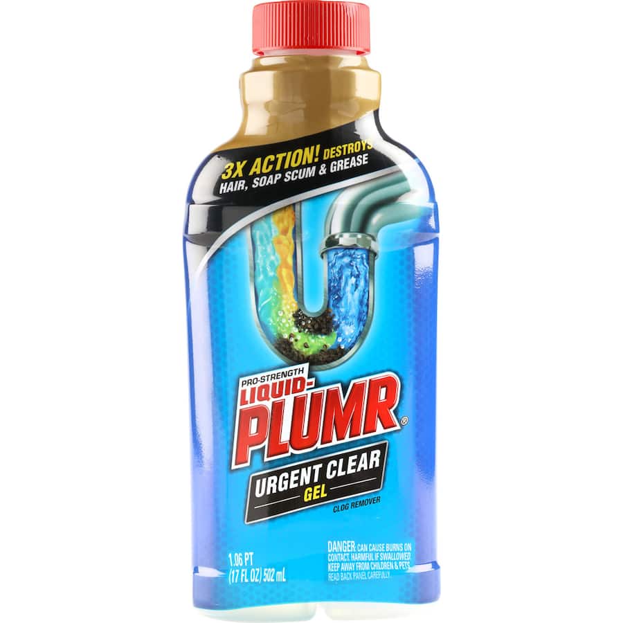 Liquid Plumr Urgent Clear gel drain cleaner effectively clears tough clogs in 7 minutes, ideal for kitchens and bathrooms.