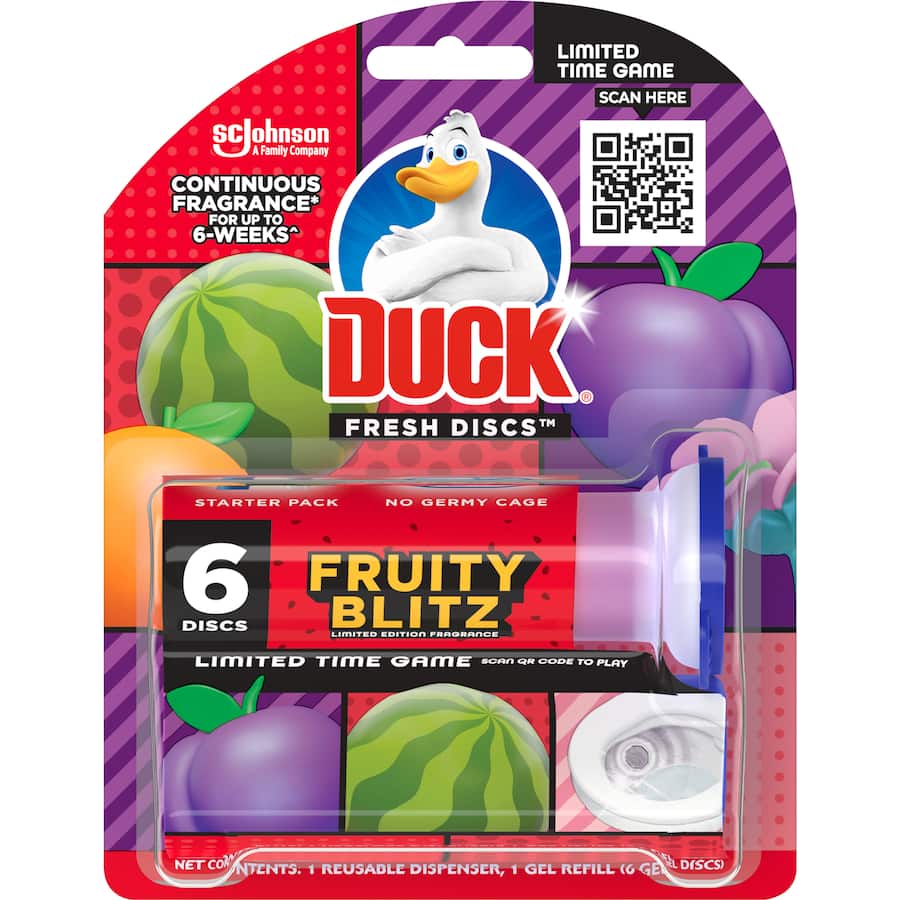 Limited edition Duck Fresh Toilet Discs in Fruity Blitz scent; gel-based, easy to apply, keeps toilet clean and fresh.