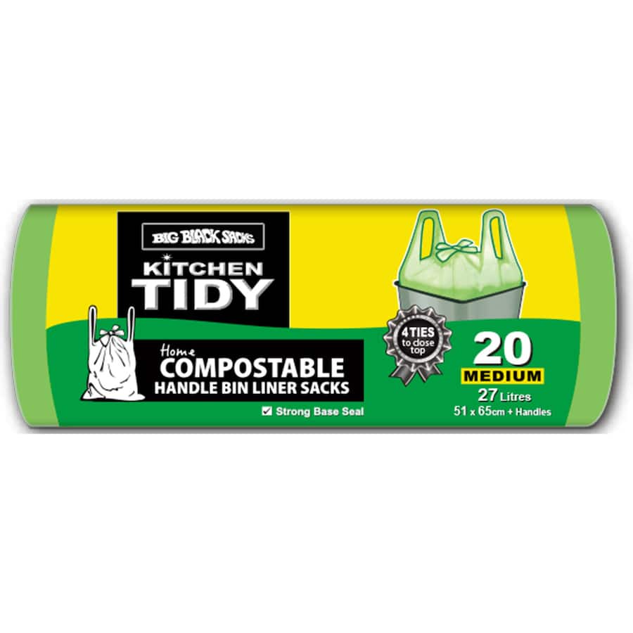 Eco-friendly medium compostable kitchen tidy bags, 28L with strong tie-tops for easy waste management. 20 per pack.