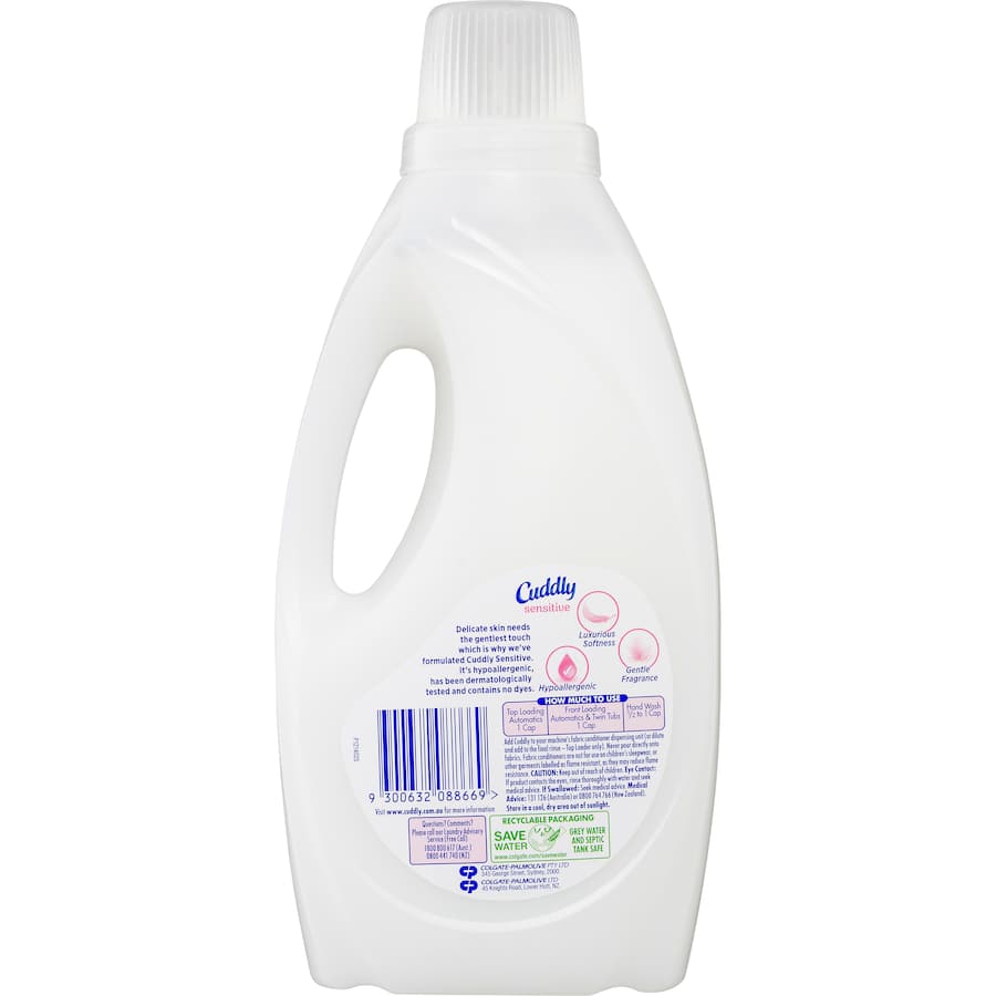 Cuddly Fabric Softener Conditioner Sensitive bottle, perfect for hypoallergenic care and luxurious softness for delicate skin.