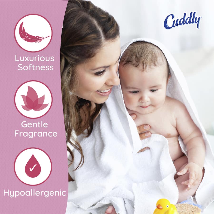 Cuddly Fabric Softener Conditioner Sensitive for softer, fresher laundry, hypoallergenic and gentle on sensitive skin.