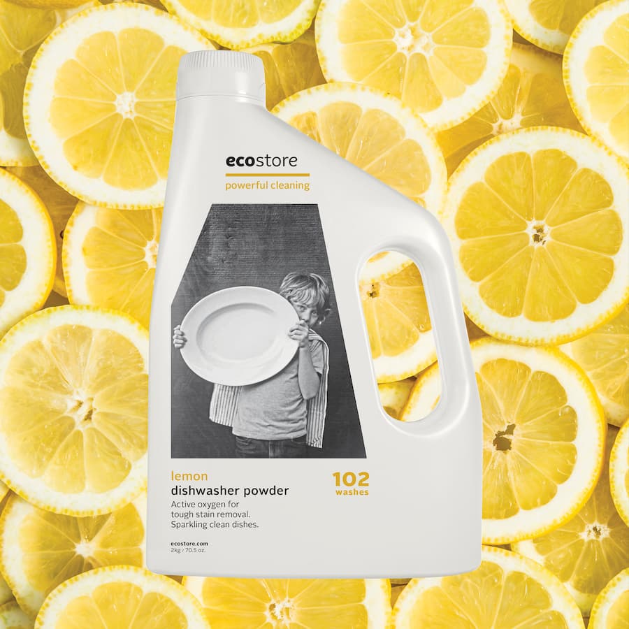 Ecostore Dishwasher Powder Lemon in a recyclable bottle, eco-friendly formula for spotless, lemon-scented dish cleaning.