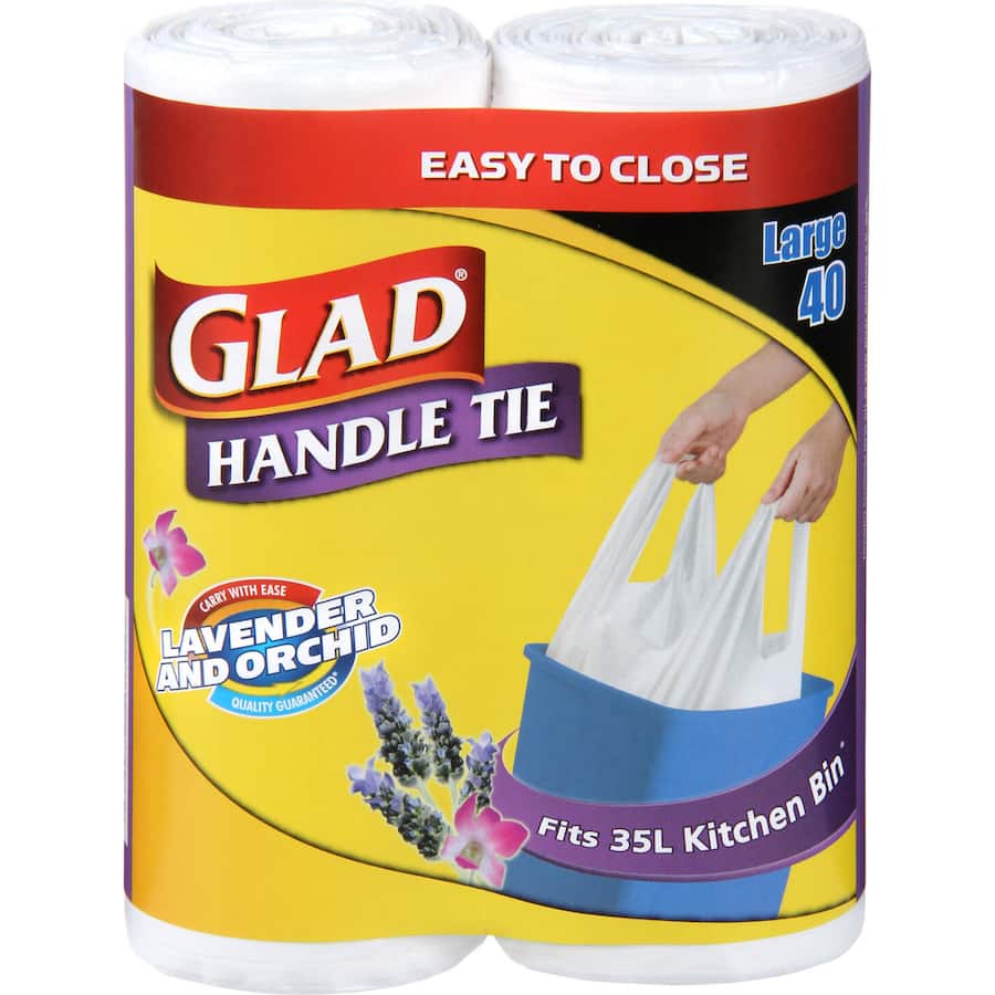 Glad Kitchen Tidy Bags in lavender scent with handle ties, designed for 35L bins, ensuring strength and freshness in waste disposal.