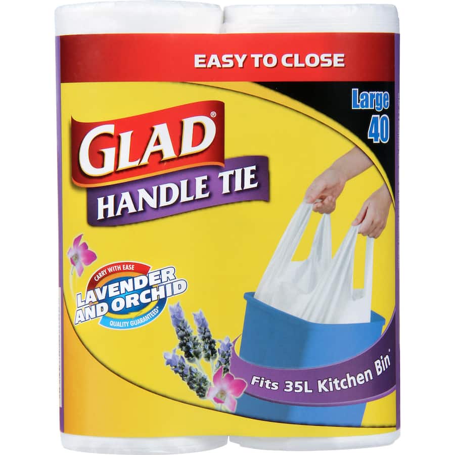 Glad Kitchen Tidy Bags in lavender with handle tie closure, designed for 35L bins, ensuring strong, odor-free waste disposal.