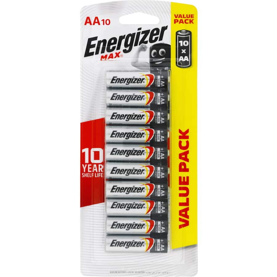 Energizer Max AA Batteries for reliable, long-lasting power in everyday devices, with leakage protection and a 10-year shelf life.