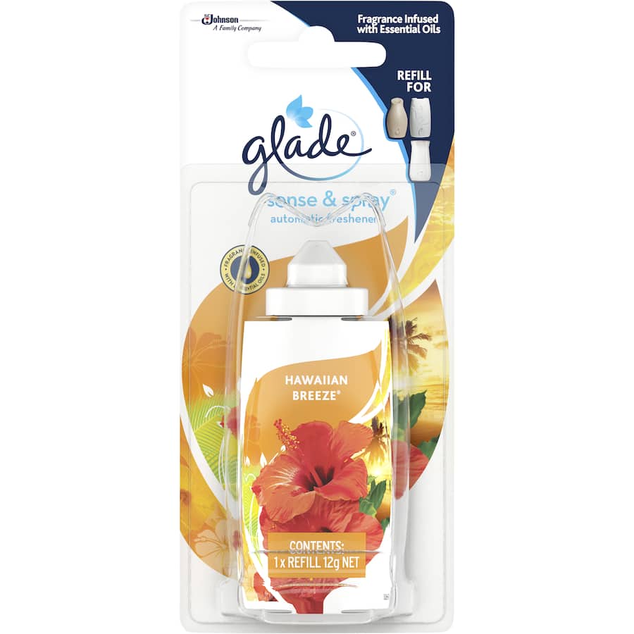 Automatic air freshener refill with Hawaiian Breeze scent, using motion sensor for fragrant bursts and essential oils.