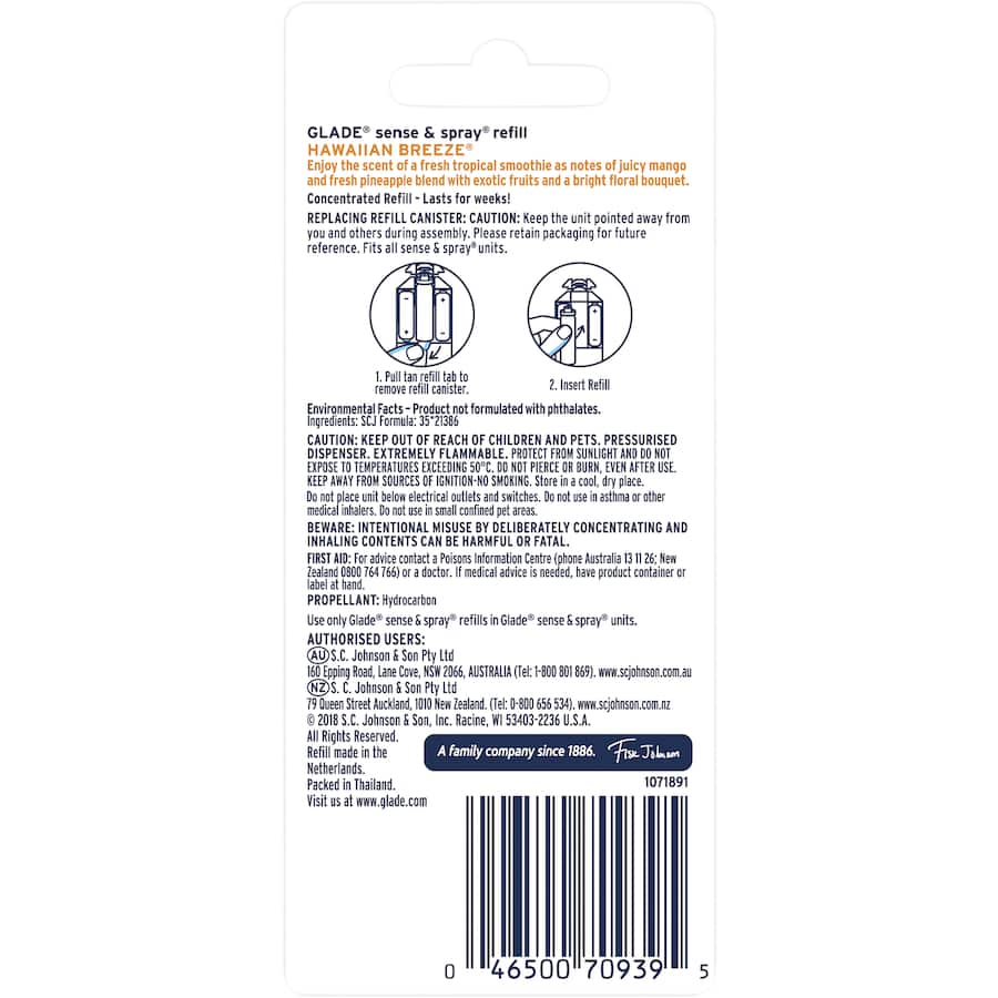 Automatic air freshener refill in Hawaiian Breeze scent, featuring motion sensor activation and essential oil infusion.