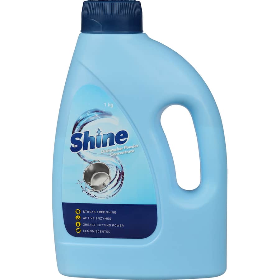 Shine Dishwasher Powder Concentrate: powerful 1kg formula for spotless, streak-free dishes with lemon scent and grease-cutting enzymes.
